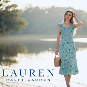 LAUREN Ralph Lauren 100% Silk Chiffon Midi Slip Dress Teal Blue Floral Size 12